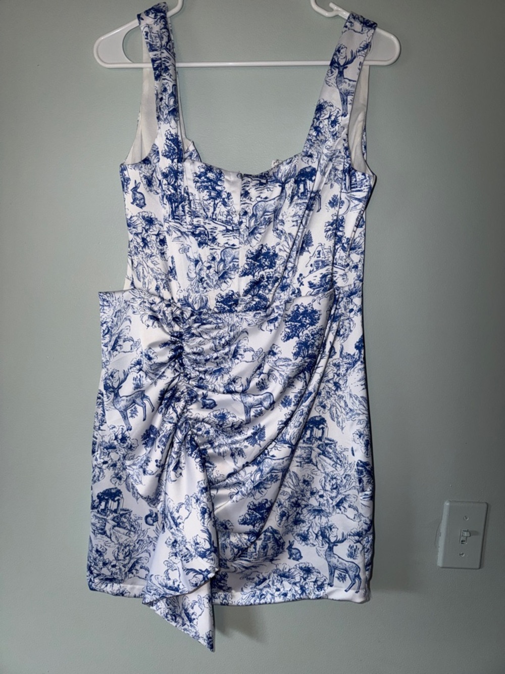 Fashion Nova White and Blue Toile Ruched Mini Dress